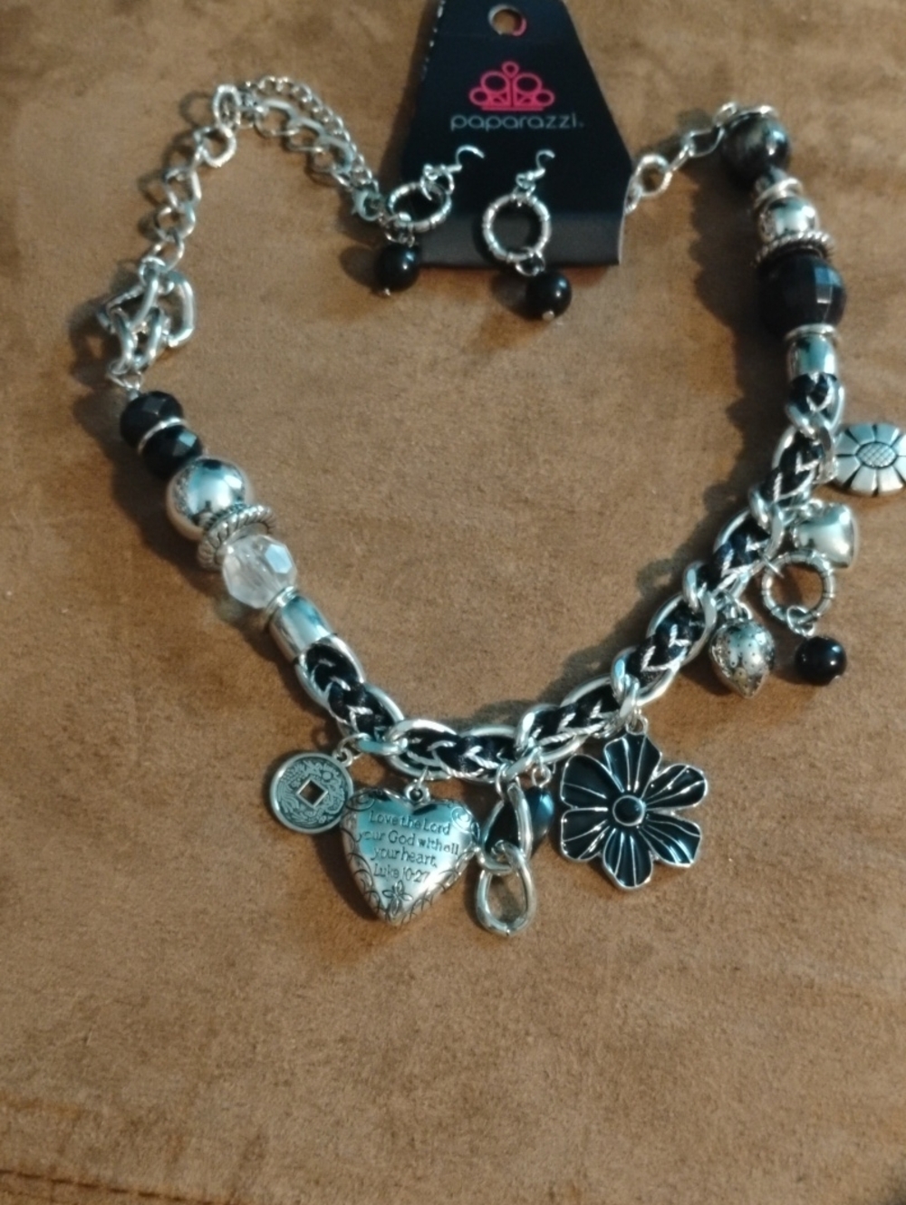 paparazzi Black and Silver Flower & Heart Charm Necklace